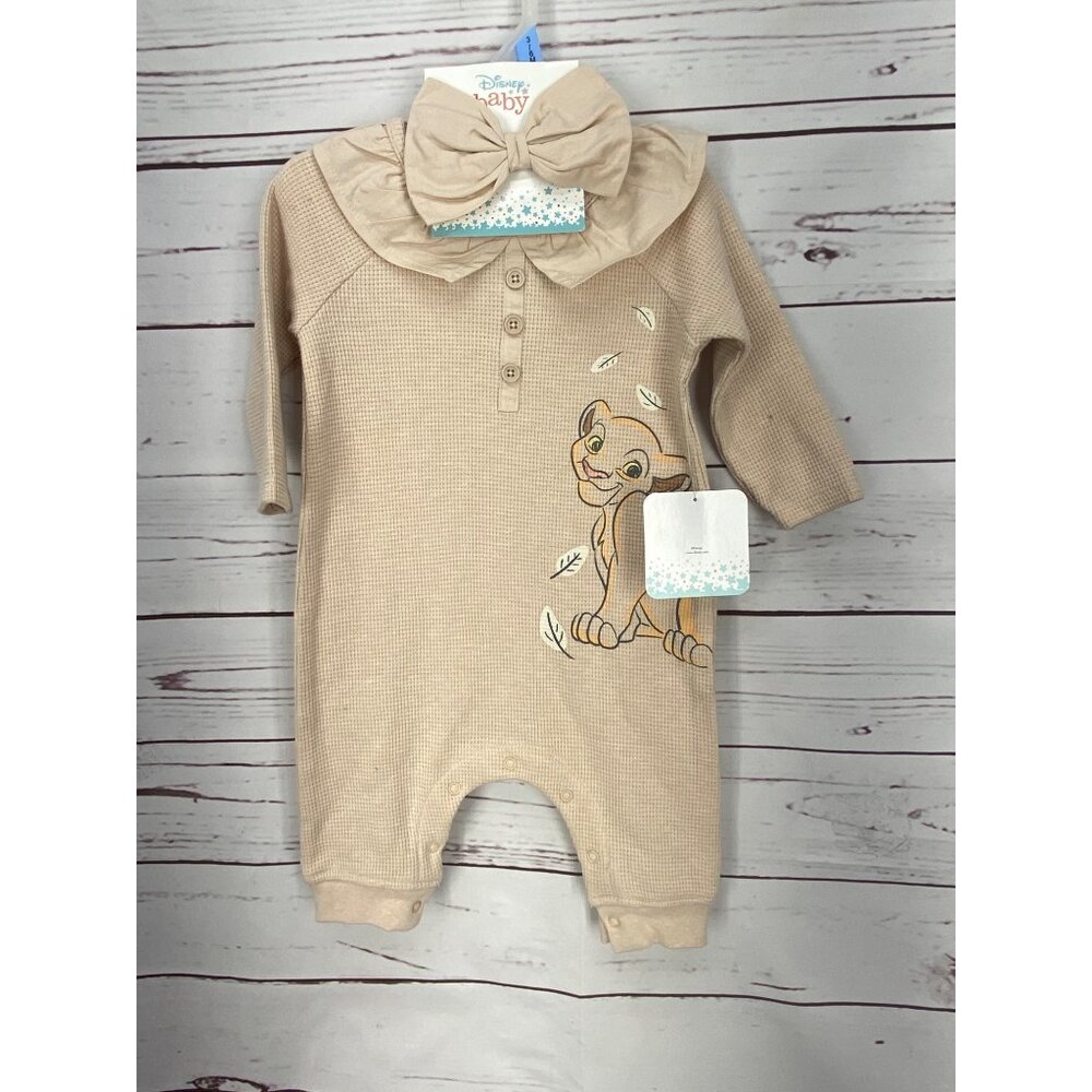 Disney‎ Baby Lion King Simba Waffle Knit Romper and Headband Set Tan 3-6M NWT